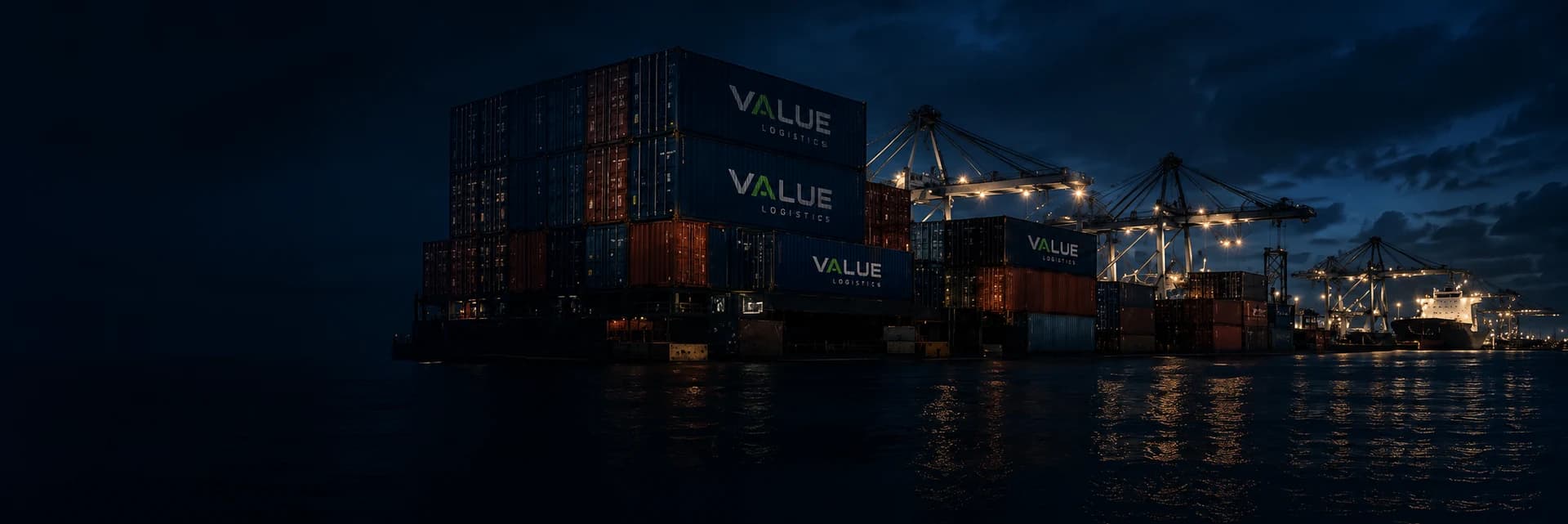 Value Logistics containers at the port at night