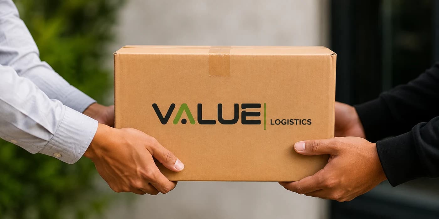Value Logistics team member handing over a branded parcel