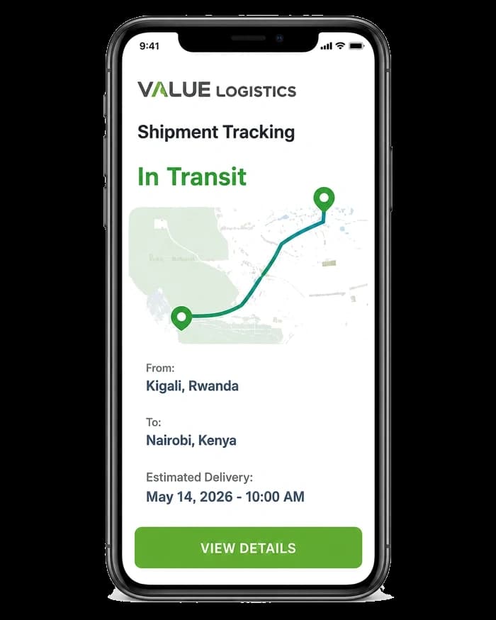 Value Logistics shipment tracking app showing a shipment in transit from Kigali, Rwanda to Nairobi, Kenya