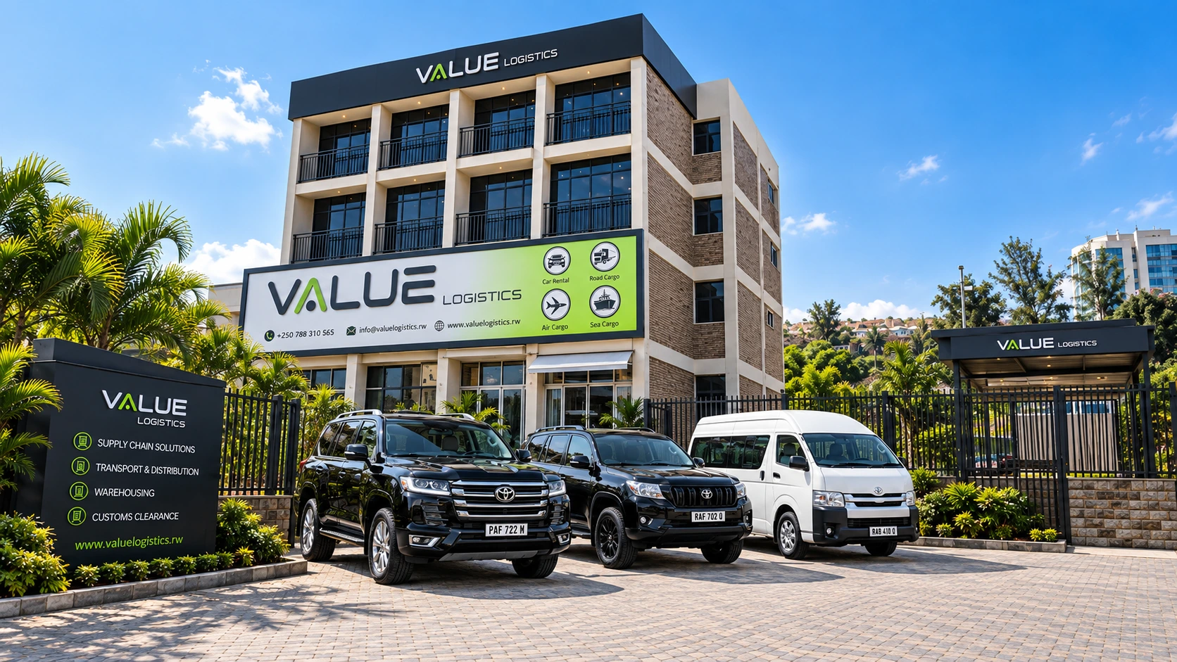 Value Logistics headquarters building and fleet in Kigali, Rwanda