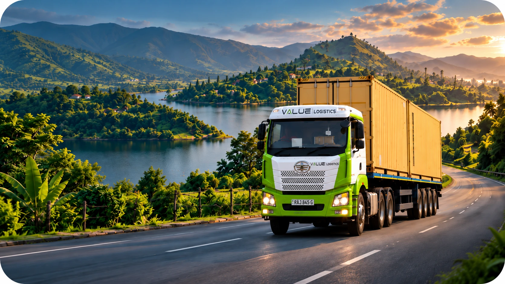 Value Logistics truck hauling a container on the road to Kigali