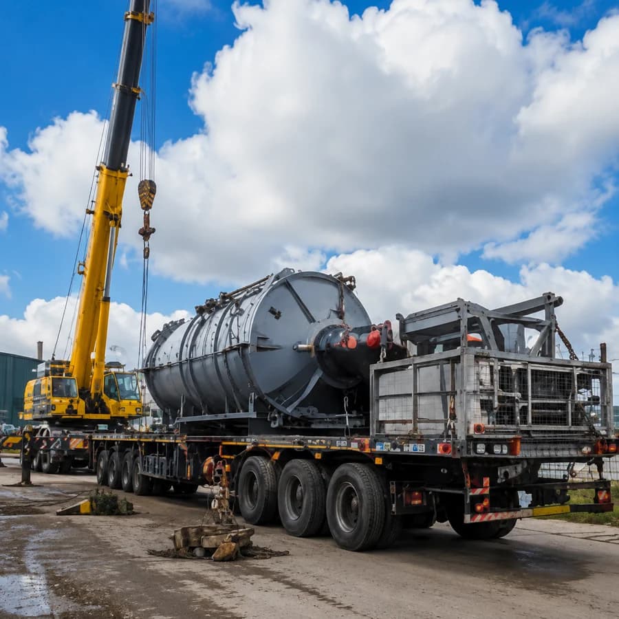 Crane lifting heavy equipment at a project site