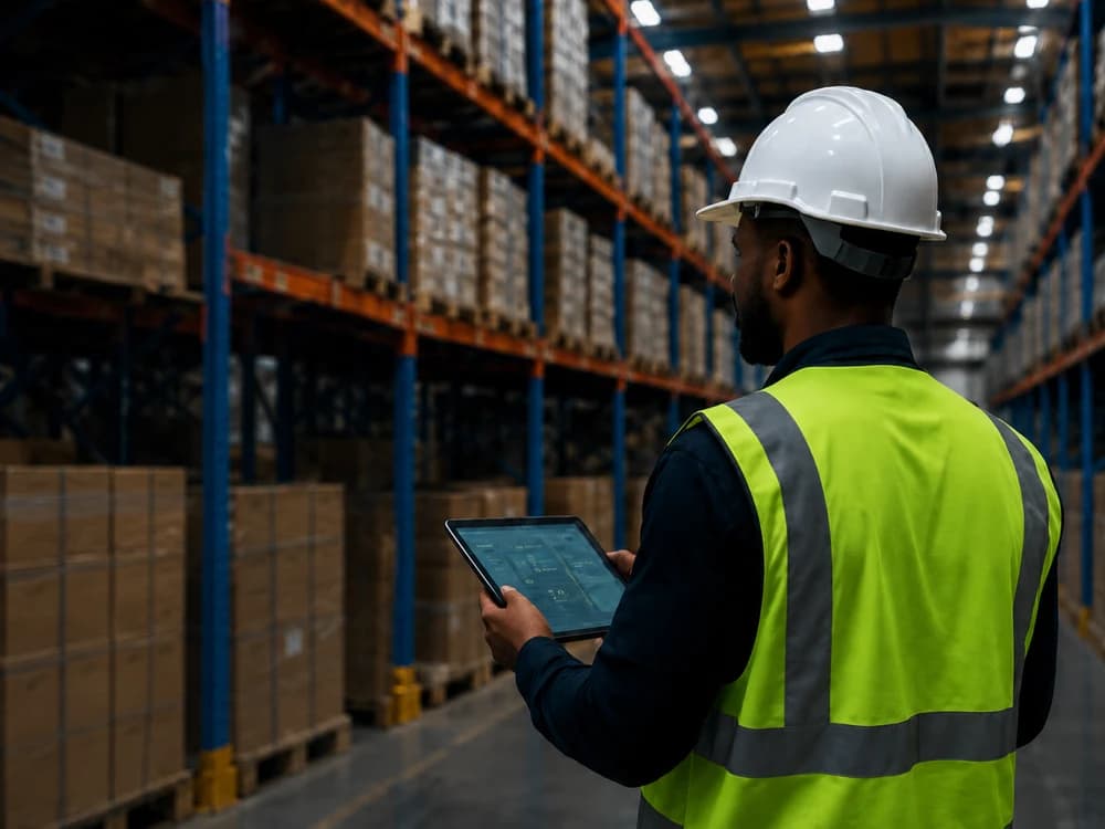 Value Logistics team member using a tablet in a warehouse